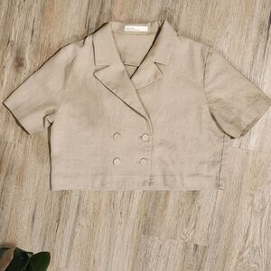 Linen Double-breasted Cropped Blouse Size S in Light Beige / OAK + FORT